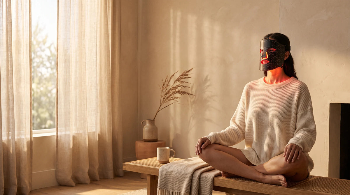 Woman sitting by a sunlit window wearing the Clinirae Light Mask, glowing warm red