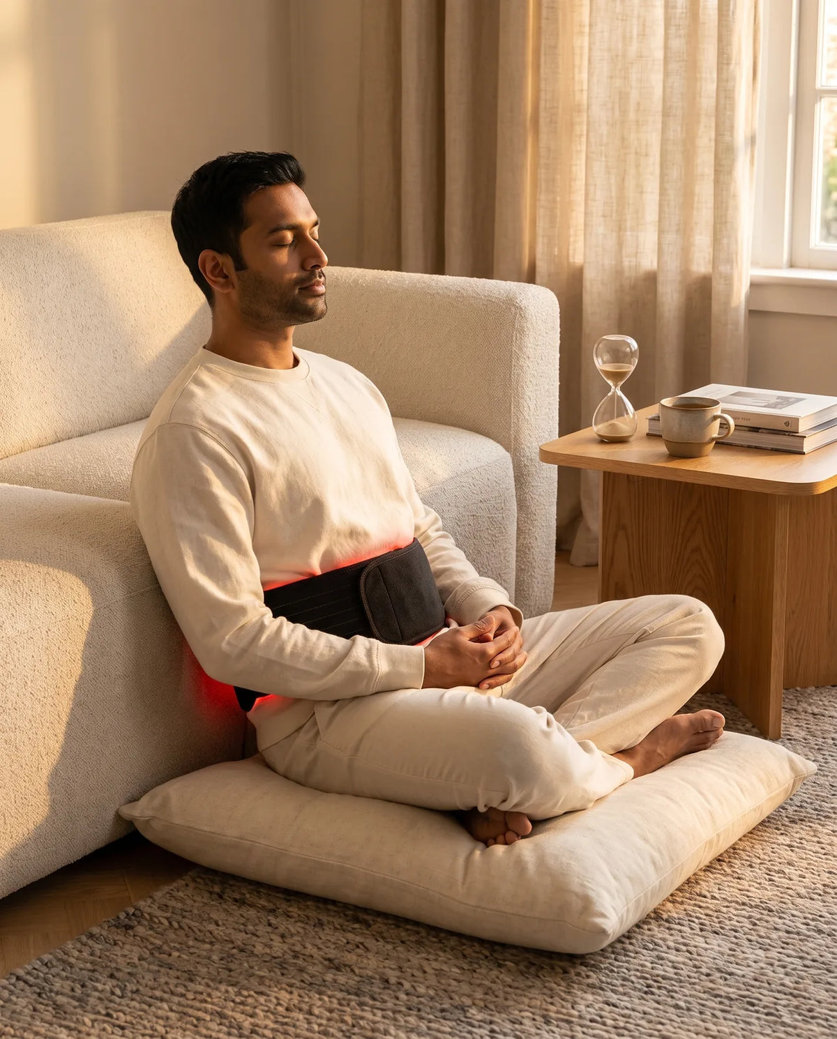 Man resting on a floor cushion with the Clinirae Light Wrap around his lower back