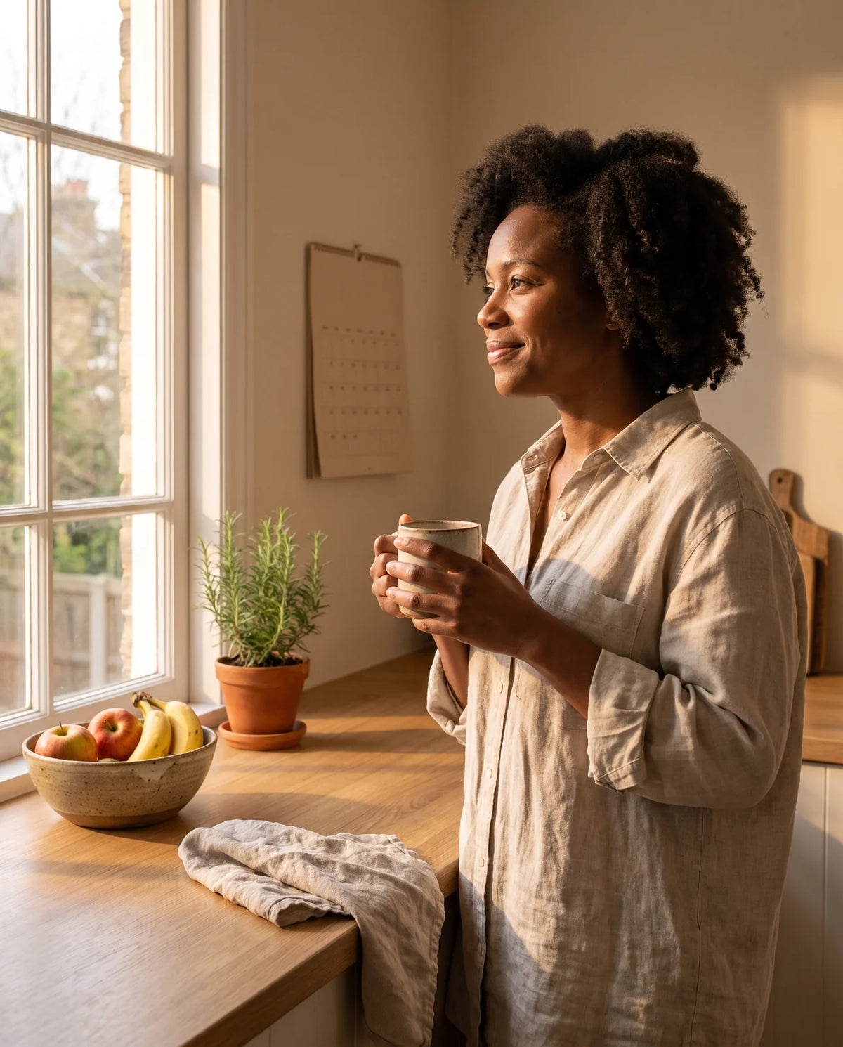 Woman holding a cup of tea by a kitchen window in morning light