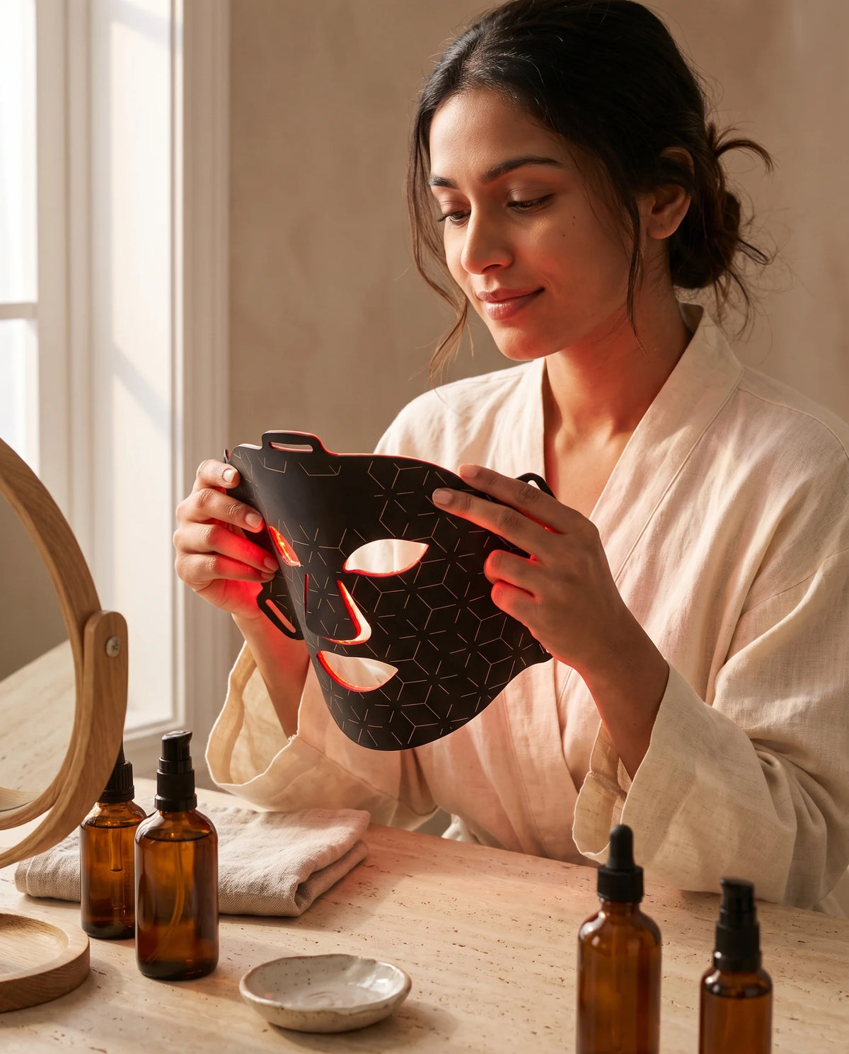 Woman holding the Clinirae Light Mask at a bathroom vanity