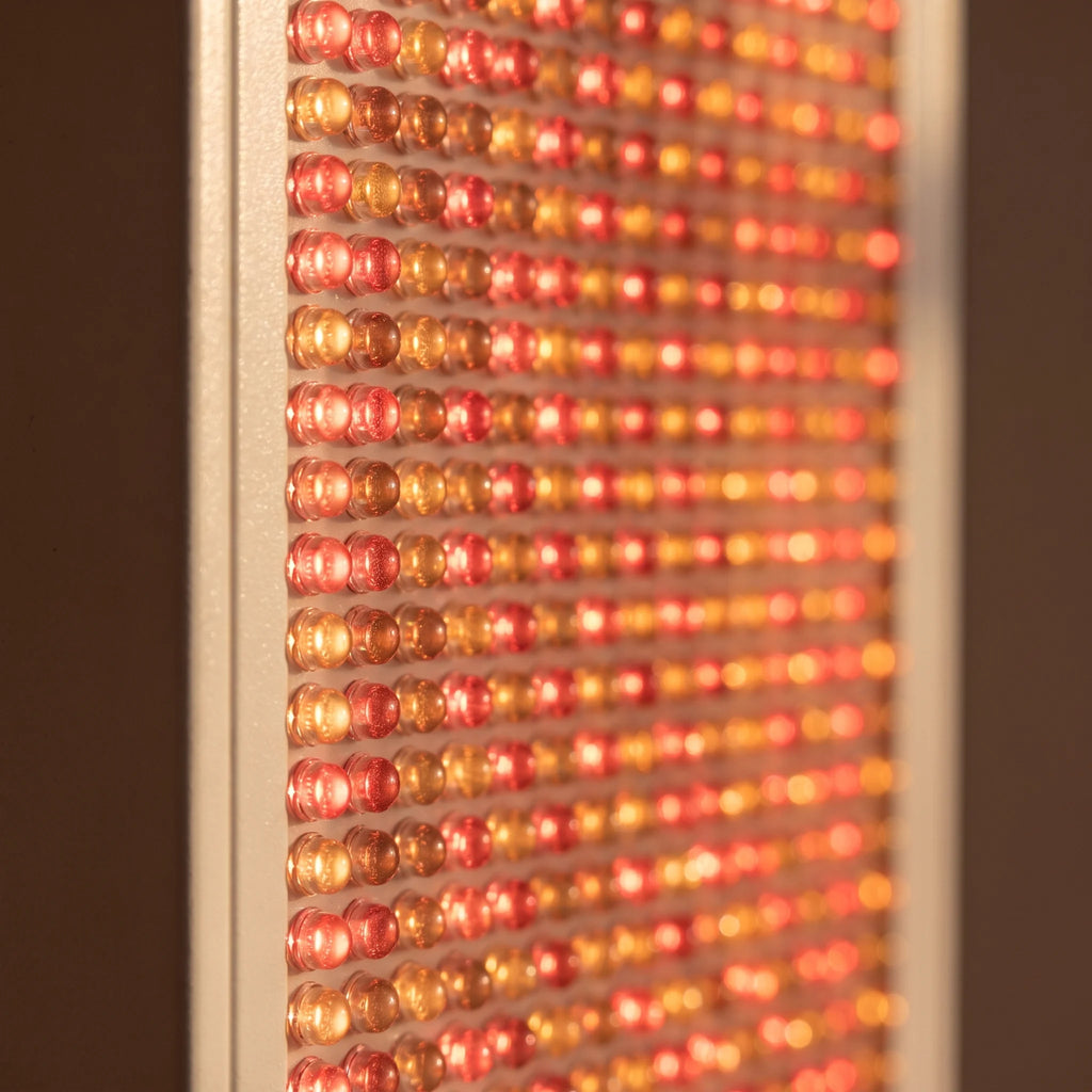Close-up of the Clinirae Light Panel 320 LED grid glowing red