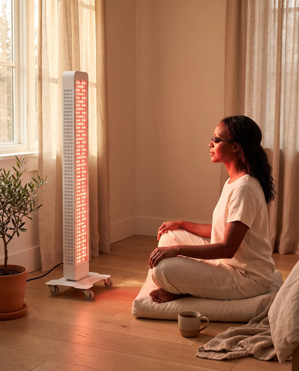 Woman sitting in front of the Clinirae Light Panel 320 wearing eye protection