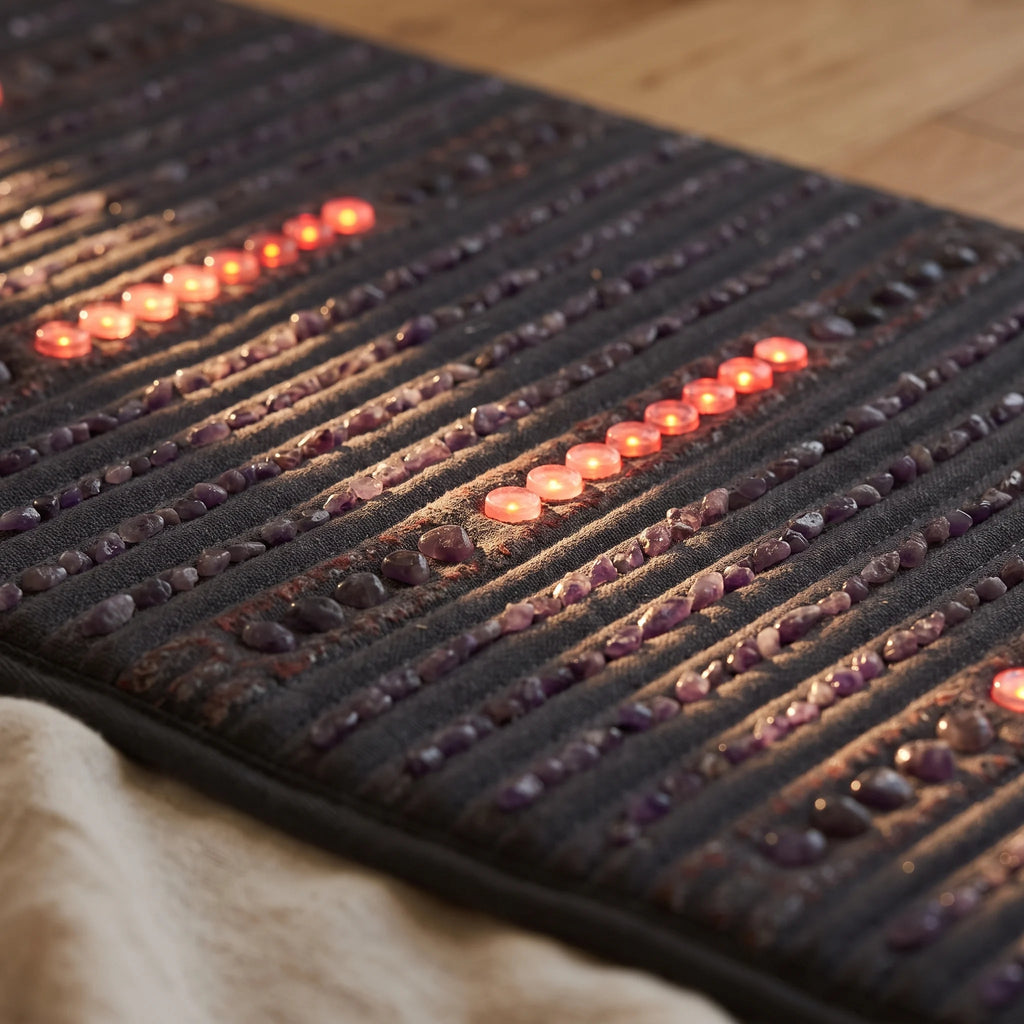 Close-up of amethyst stones and red LEDs on the Clinirae Crystal Rest Mat