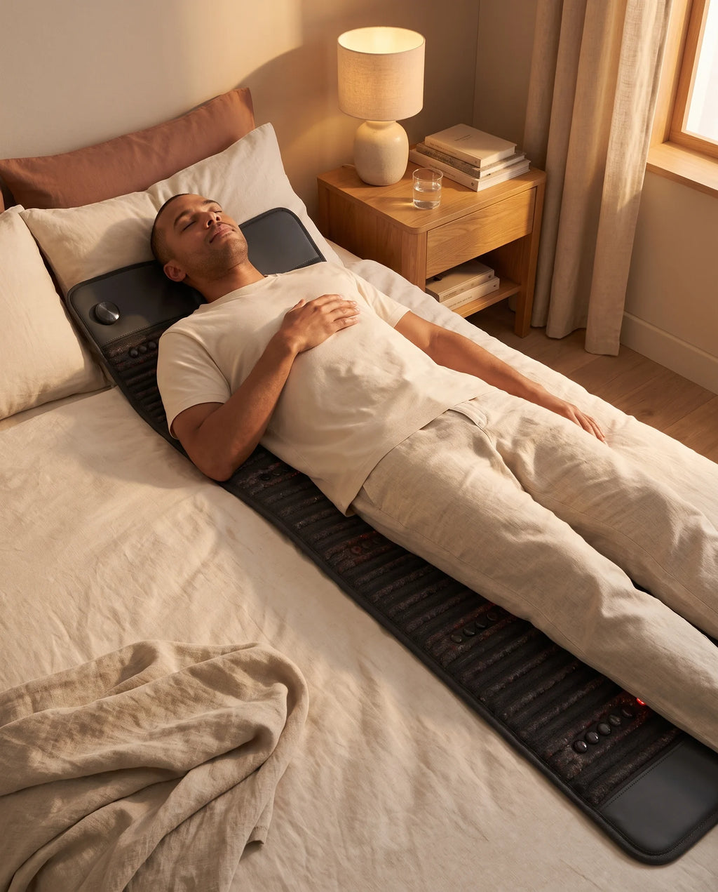 Man lying on the Clinirae Crystal Rest Mat on a bed in the evening