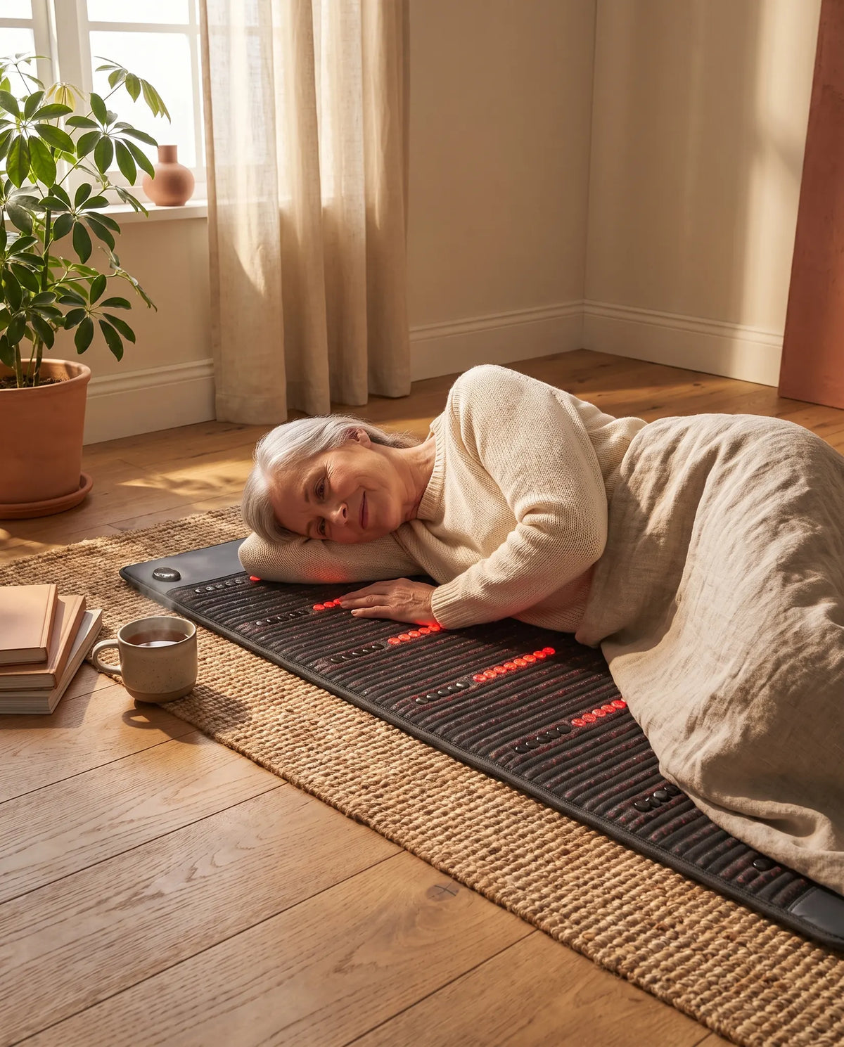 Woman resting on the Clinirae Crystal Rest Mat on a living room floor