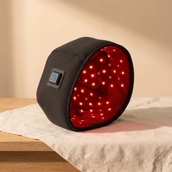 Clinirae Scalp Light Cap, soft black LED cap, on cream linen