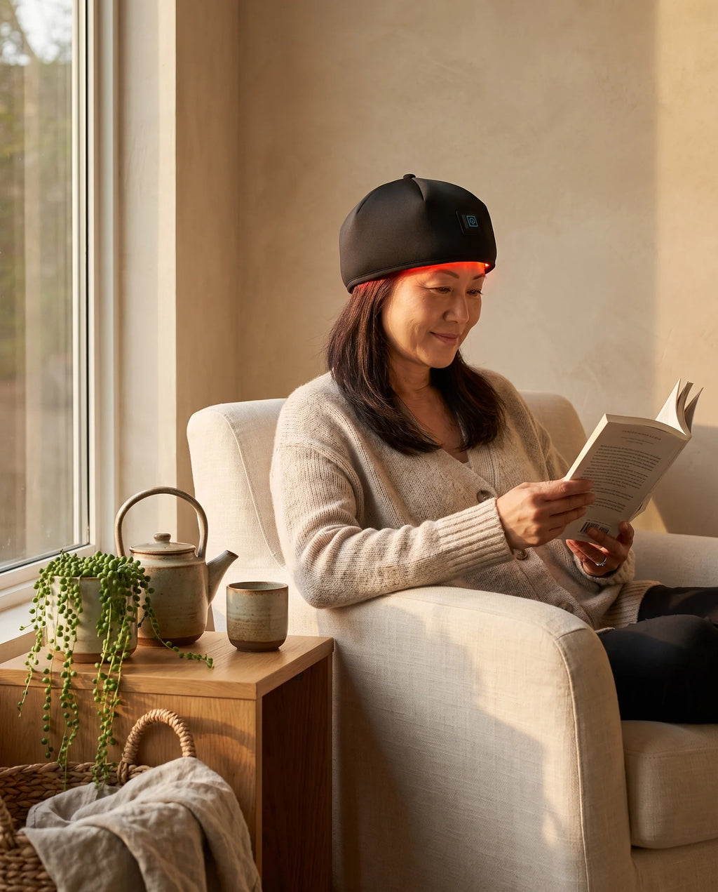 Woman reading in an armchair wearing the Clinirae Scalp Light Cap