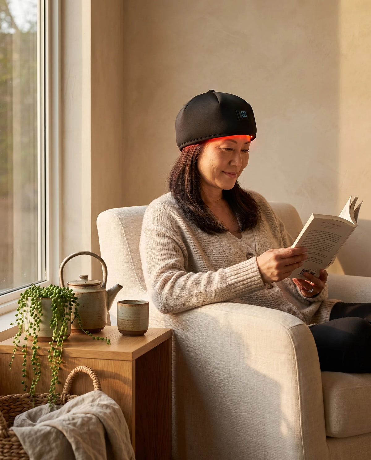 Woman reading in an armchair wearing the Clinirae Scalp Light Cap