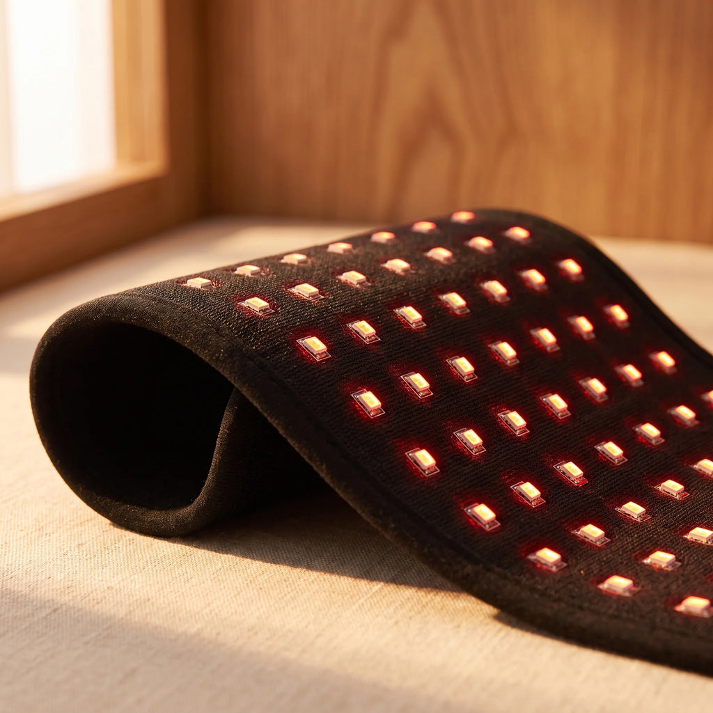 Close-up of the Clinirae Light Wrap LED grid glowing red