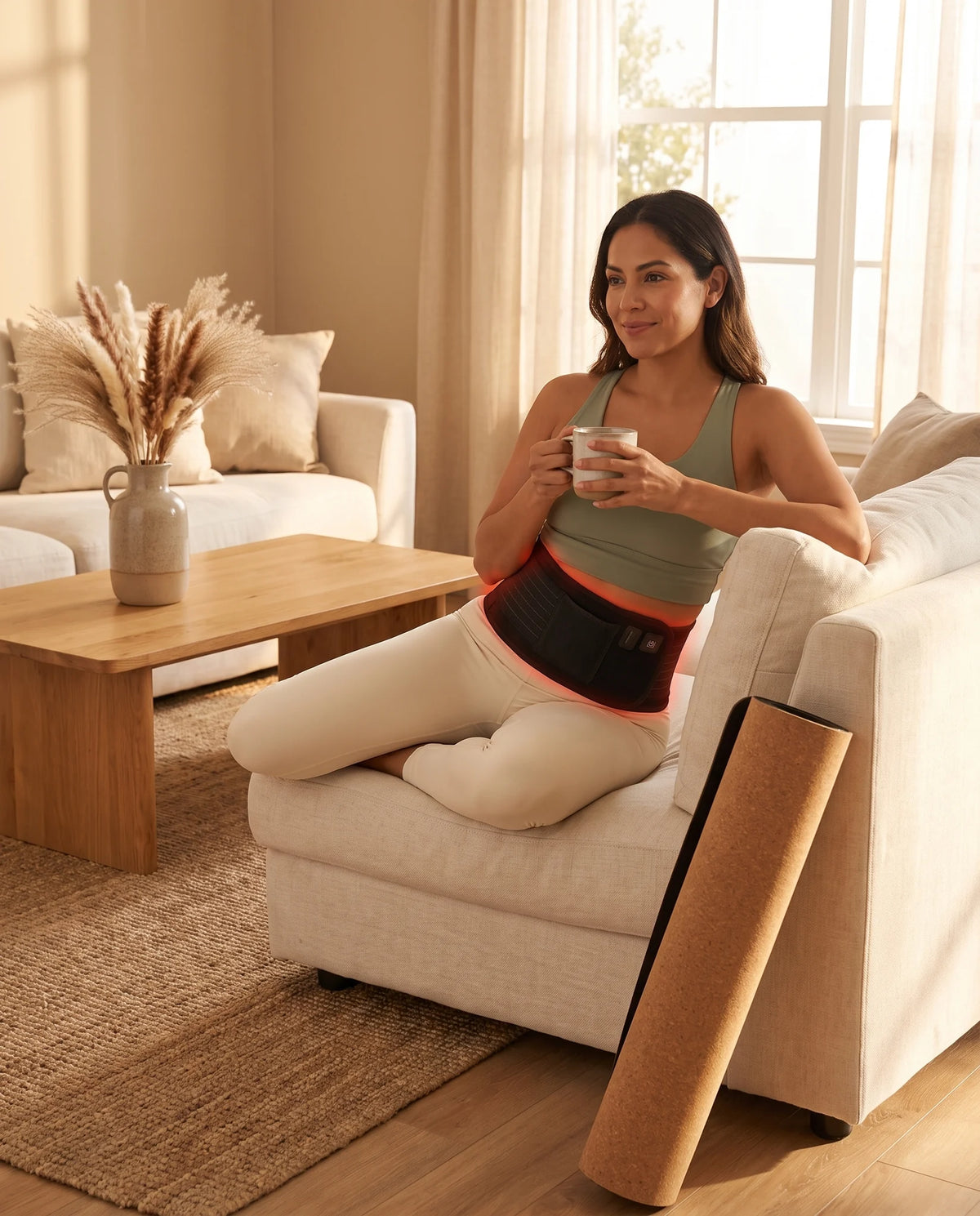 Woman on a sofa wearing the Clinirae Light Wrap around her waist