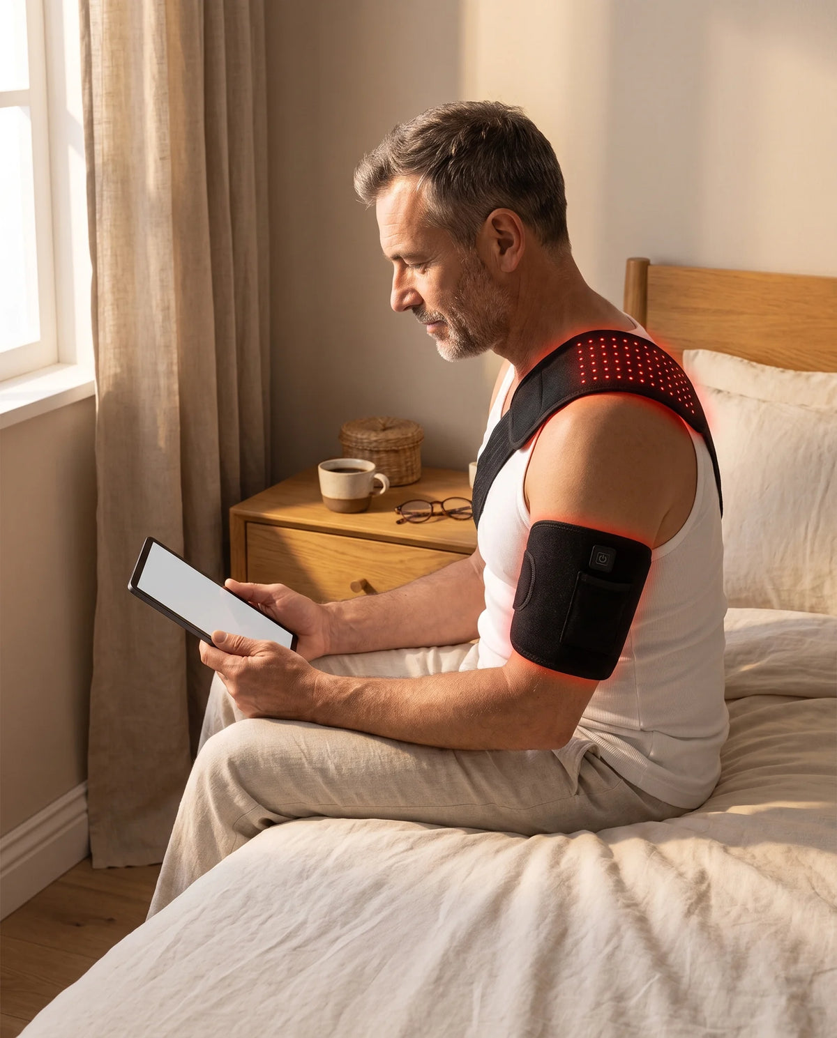 Man sitting on a bed wearing the Clinirae Light Wrap on his upper arm